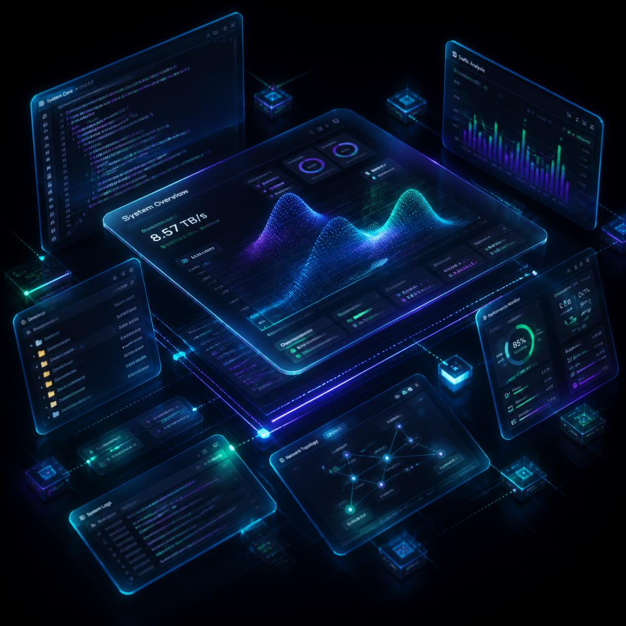 Floating holographic dashboards illustrating Amaniq Technologies software platforms
